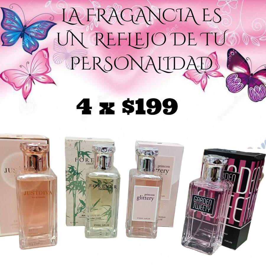 SET DE 4 PIEZAS PERFUME FOREVER EMOTION,GARDEN SWEETY, ´RINCESS GLITTERY  Y JUSTDIVA - Dulce - Ver 1