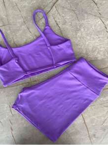 Set, Shorts And Fitness Top With Bare Back And Padded Insert. - Purple - View 2