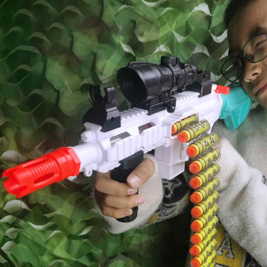 裝備彈帶的玩具槍 M416泡沫爆破槍,逼真的狙擊步槍配備18顆nerf彈頭和18個彈殼,兒童玩具槍禮物 - 白色 - 查看 1