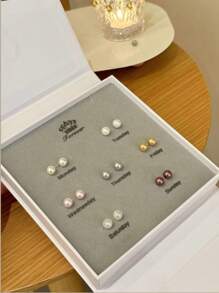 每週不重複的仿珍珠耳環套裝,7對仿珍珠耳釘,法式復古和極簡主義風格 - 七對耳環套裝 - 查看 10