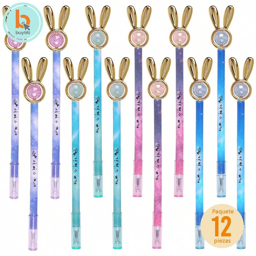 BUYTITI Plumas con Diseño de Conejo Kawaii de Punto Fino Paquete de 12 Piezas B-1002ZX-PAQUETE-12PZS - Multicolor - Ver 1