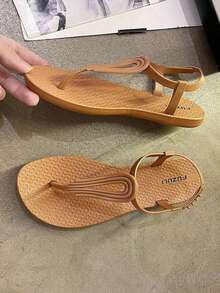 2024新款夏季流行女式開放式扁平涼鞋,防滑柔軟大底,休閒羅馬鞋,適合海灘度假和旅行 - 摩卡棕 - 查看 5