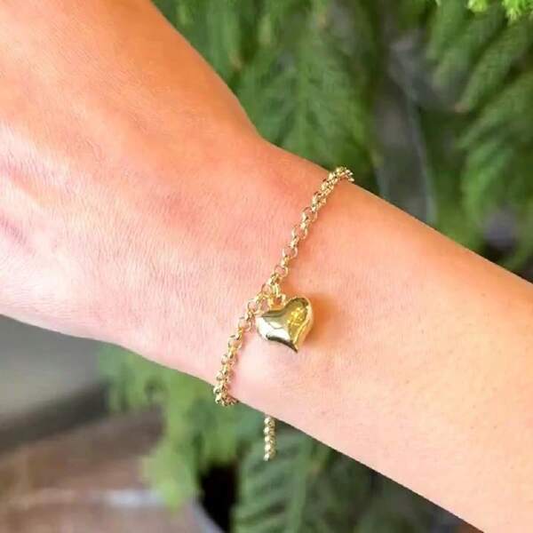 Pulseira Feminina Elo Português + Berloque Coração Folheado A Ouro