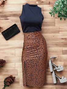 Conjunto Falda abertura pierna satin + blusa - Marrón Chocolate - Ver 2