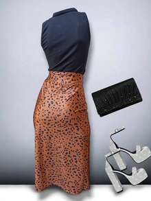 Conjunto Falda abertura pierna satin + blusa - Marrón Chocolate - Ver 3