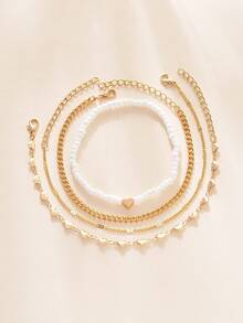 4入組個性時尚心形珠飾女士手鍊套裝,適合女性和女孩日常佩戴、約會、送禮、飾品裝飾 - 金色 - 查看 2