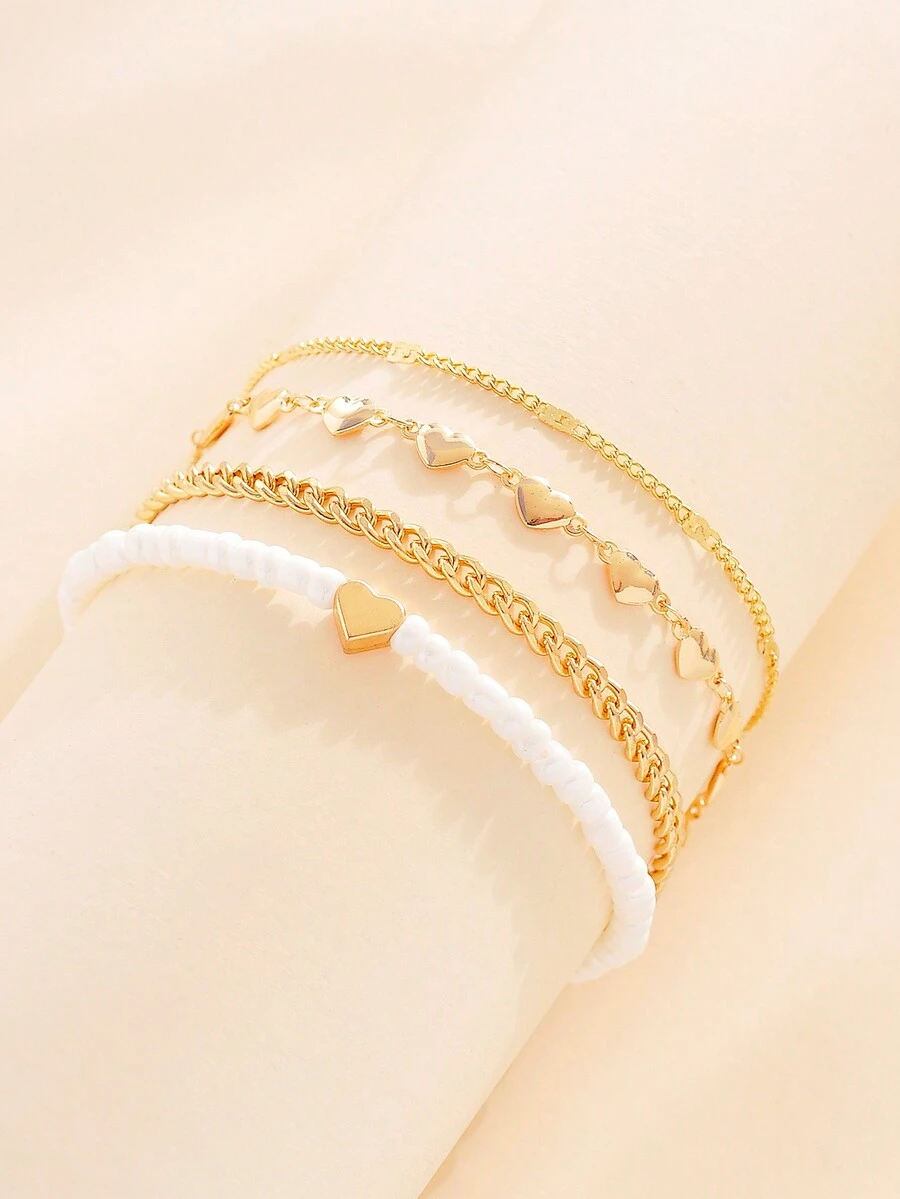 4入組個性時尚心形珠飾女士手鍊套裝,適合女性和女孩日常佩戴、約會、送禮、飾品裝飾 - 金色 - 查看 1