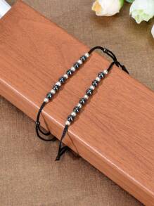 2pcs Fashion Beaded Decor Black Rope Adjustable Anklet Matching Couple Best Friend Foot Jewelry