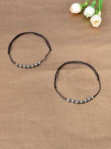 2pcs Fashion Beaded Decor Black Rope Adjustable Anklet Matching Couple Best Friend Foot Jewelry