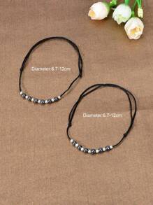 2pcs Fashion Beaded Decor Black Rope Adjustable Anklet Matching Couple Best Friend Foot Jewelry