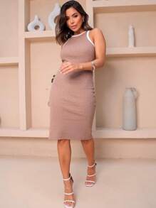 Vestido Justo Midi Decote Nadados com Aplicação de Brilho Neon e Nude - Marrom Claro - Visão 1
