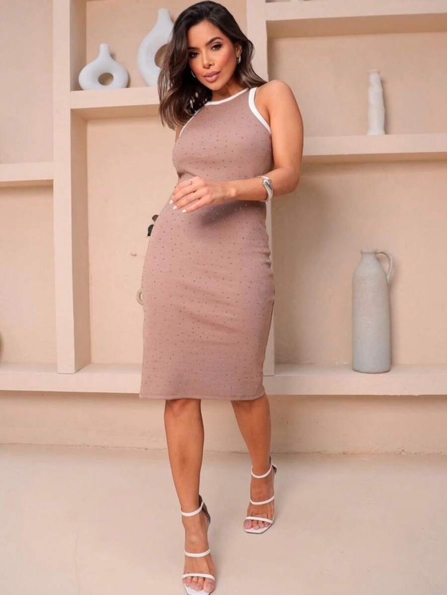 Vestido Justo Midi Decote Nadados com Aplicação de Brilho Neon e Nude - Marrom Claro - Visão 1