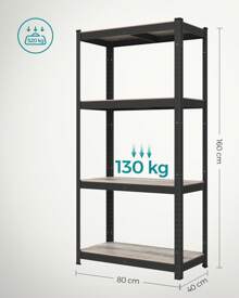 SONGMICS Étagère de Rangement à 4 Niveaux, 40 x 80 x 160 cm, Capacité 520 kg, Planches Réglables, Style Industriel, pour Cuisine, Salon, Grège et Noir - Gris - Voir 6