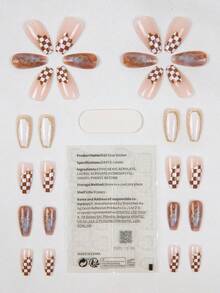 emtog 28入組t形長棕白色棋盤設計指甲貼,帶有閃耀的天空白鏡面細節和金箔邊緣,1pc指甲打磨條和1pc果凍膠,適宜女士和女孩們日常穿著 - 棕色 - 查看 6