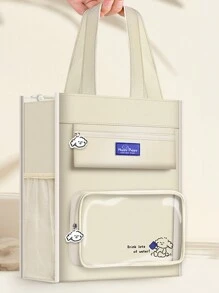 1 Bolsa De Estudio De Gran Capacidad De Lona Para Estudiantes, Beige/negro/morado/verde, Adecuada Para La Escuela Secundaria, La Escuela Media Y Adolescentes, Con Asas Y Correa Para El Hombro