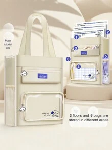 1 Bolsa De Estudio De Gran Capacidad De Lona Para Estudiantes, Beige/negro/morado/verde, Adecuada Para La Escuela Secundaria, La Escuela Media Y Adolescentes, Con Asas Y Correa Para El Hombro