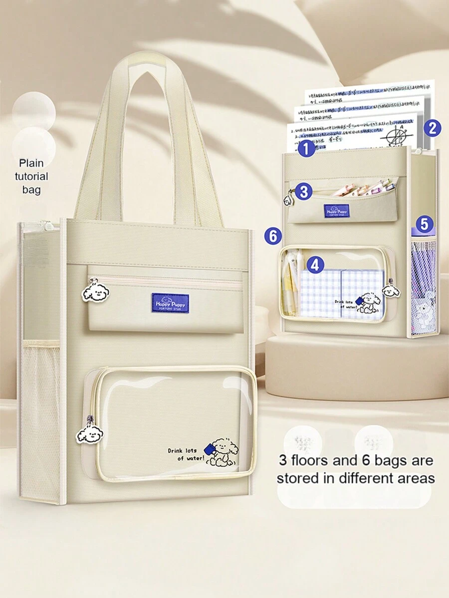 1 Bolsa De Estudio De Gran Capacidad De Lona Para Estudiantes, Beige/negro/morado/verde, Adecuada Para La Escuela Secundaria, La Escuela Media Y Adolescentes, Con Asas Y Correa Para El Hombro