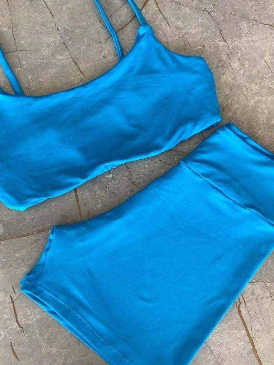 Set, Shorts And Fitness Top With Bare Back And Padded Insert. - Blue - View 1