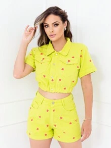 WL Moda conjunto feminina jeans colorido impressão de coração ocasional Roupa de 2pçs/cropped com short