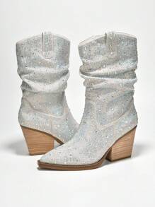 Jehanna Rhinestone Western Cowboy Side Zipper Pointed Toe Slouch Booties - 銀色 - 查看 2