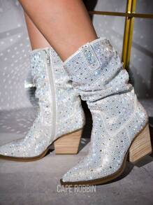Jehanna Rhinestone Western Cowboy Side Zipper Pointed Toe Slouch Booties - 銀色 - 查看 1