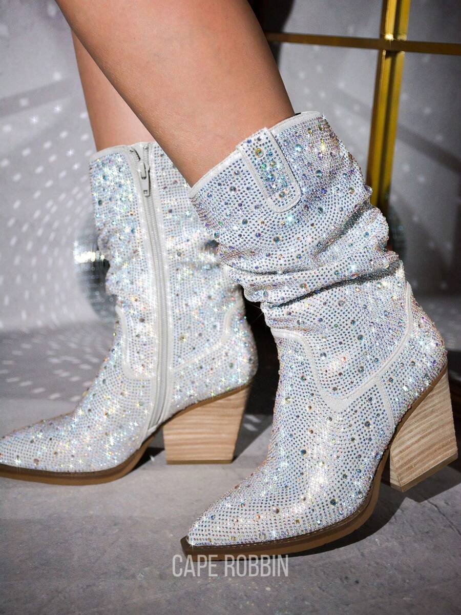Jehanna Rhinestone Western Cowboy Side Zipper Pointed Toe Slouch Booties - 銀色 - 查看 1