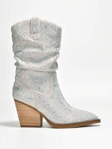 Jehanna Rhinestone Western Cowboy Side Zipper Pointed Toe Slouch Booties - 銀色 - 查看 4