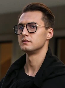 1 件装时尚男士金属框架双光束飞行员眼镜透明镜片，日常佩戴透明眼镜配件 - 無色 - 查看 2