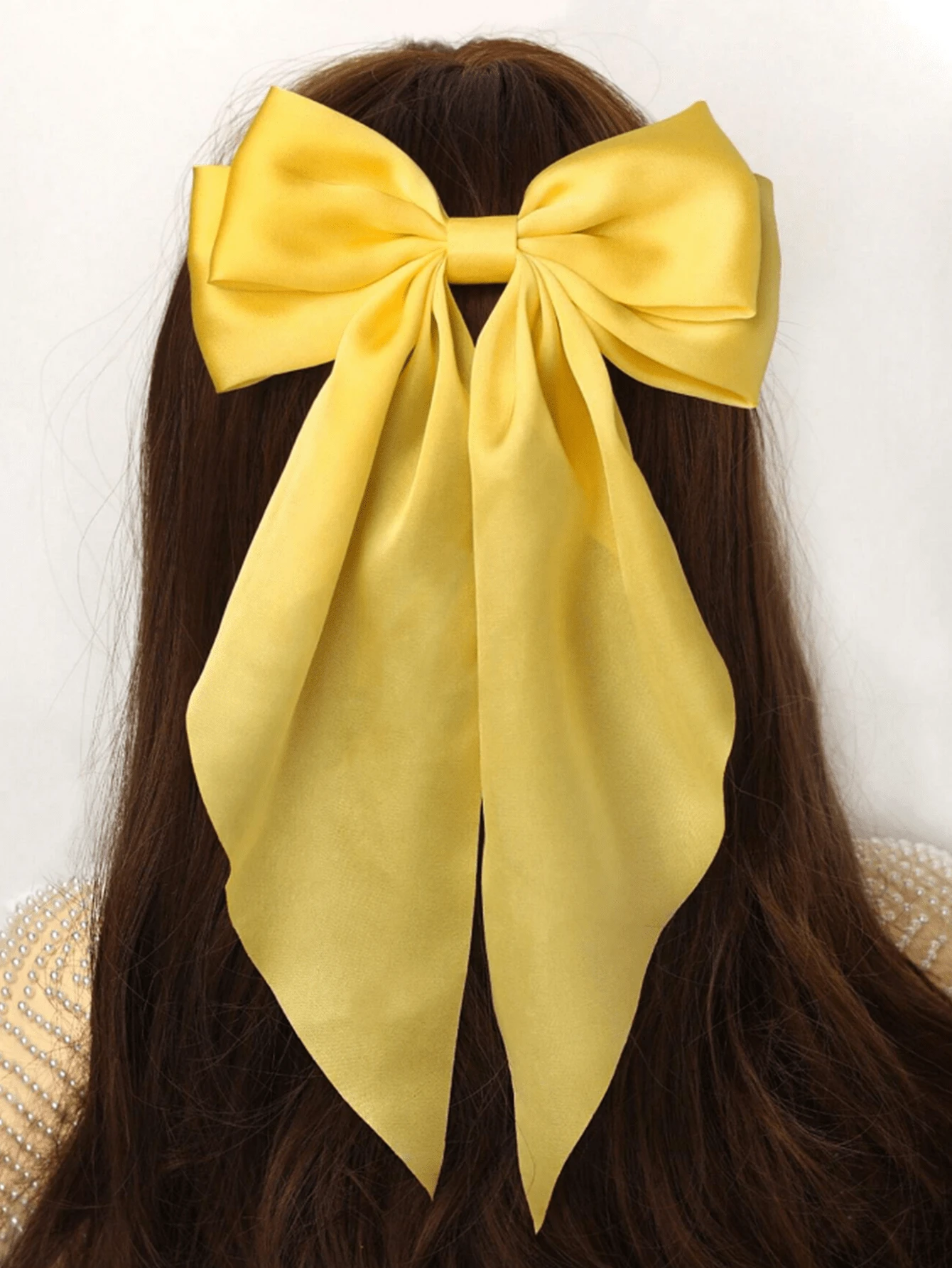 1PC Satin Hair Bows For Girl Large Hair Barrettes Ribbon For Girls Giant Long Bow Hair Clips Ponytail Holder Silk Big Hair Clips Accessories For Girl - Yellow - View 1