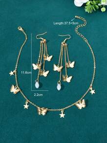3pcs Fashion Star Butterfly Charm Gold Chain Necklace Tassel Butterfly Pendant Earrings Party Jewelry Set - Gold - View 4