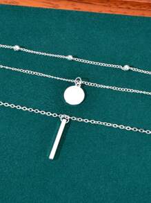 3件套简约银色多层链条圆盘和条形吊坠项链，女士日常饰品