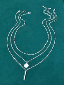 3件套简约银色多层链条圆盘和条形吊坠项链，女士日常饰品