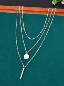 3件套简约银色多层链条圆盘和条形吊坠项链，女士日常饰品
