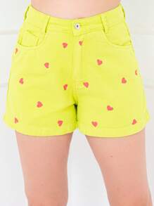 WL Moda conjunto feminina jeans colorido impressão de coração ocasional Roupa de 2pçs/cropped com short