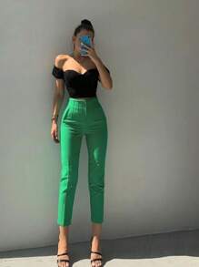 Pantalón de vestir con pinzas para mujer, opción elegante para la oficina - Verde - Ver 1