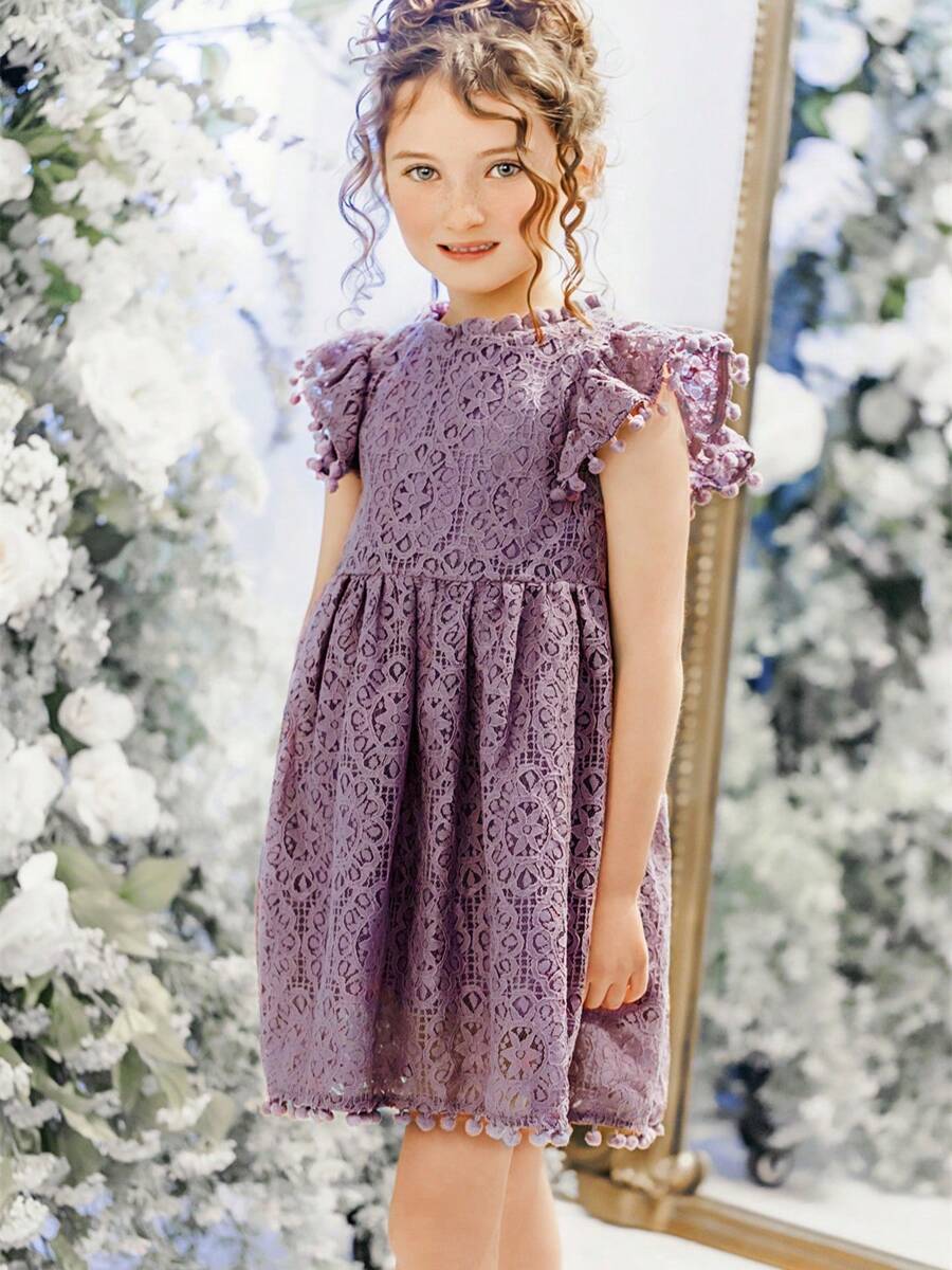 少女復古蕾絲波蘭球飄帶袖復活節生日裝洋裝 - 淡紫色 - 查看 1