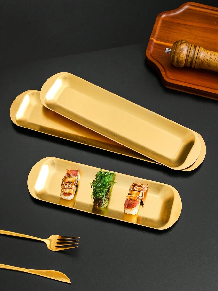 1入不銹鋼長方形托盤,厚金電鍍壽司盤,商用燒烤盤,平面盤 - 金色 - 查看 1