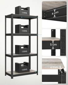 SONGMICS Étagère de Rangement à 4 Niveaux, 40 x 80 x 160 cm, Capacité 520 kg, Planches Réglables, Style Industriel, pour Cuisine, Salon, Grège et Noir - Gris - Voir 2