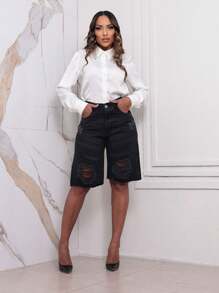 Women Denim Shorts - Rửa tối - Xem 6