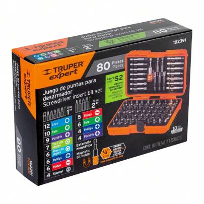 Juego de puntas mixtas 1" y 2", 80 piezas, Truper Expert