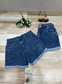 Women Denim Shorts - 中等水洗藍 - 查看 2