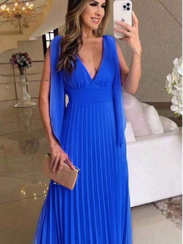 Vestido Longo Plissado Decote V Vestido para Madrinha de Casamento Formatura e Festas