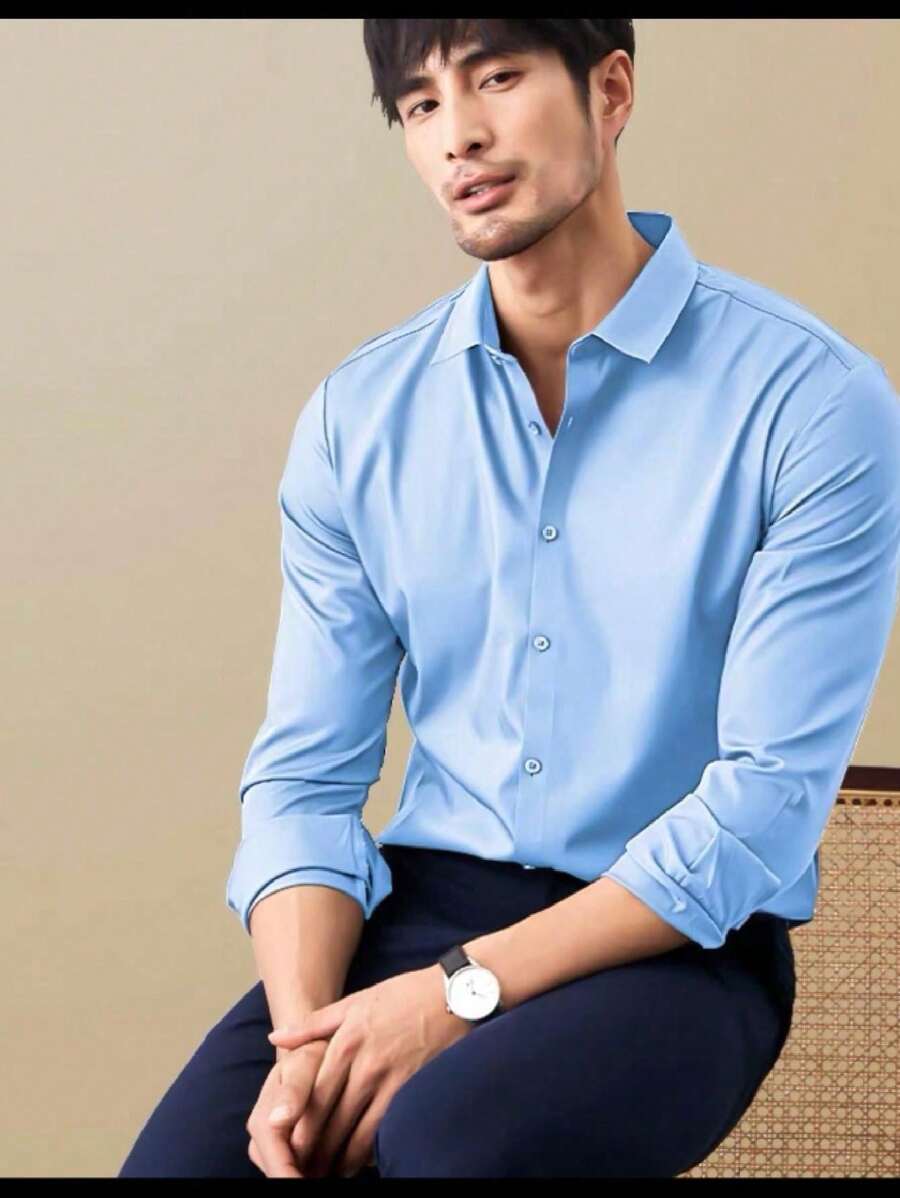 Men's Slim Fit Long Sleeve Dress Shirt Unmissable And Promotion - 淺藍色 - 查看 1