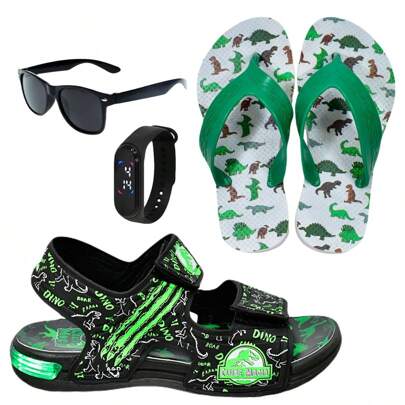 Sandália Papete De Led Infantil Masculina Com Estampa Meninos + Óculos + Relógio + Chinelo