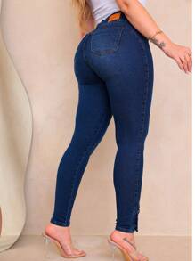 Women Jeans - 深色水洗藍 - 查看 10