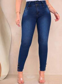 Women Jeans - 深色水洗藍 - 查看 4