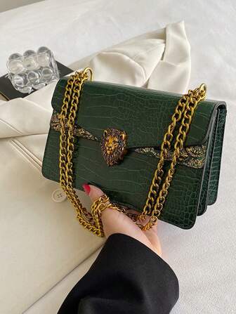Crocodile Patterned Women Small Square Bag With Chain, Retro Fashion Versatile Shoulder Crossbody Bag (23*15*9)Cm