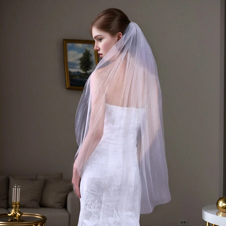 1 mạng che mặt in hình bầu trời đầy sao mơ mộng theo phong cách Mori Nhật Bản-Hàn Quốc, mũ đội đầu cô dâu ngắn màu sâm panh - Nhiều màu - Xem 1