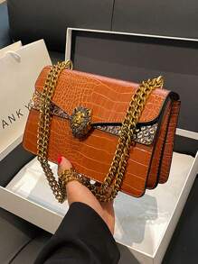 Crocodile Grain Leather Woman Handbag, Vintage Chain Small Square Bag, Fashion Versatile Shoulder Crossbody Bag (23*15*9cm), Retro Inspired Bag For Women - Brown - View 8