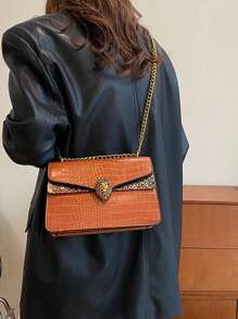 Crocodile Grain Leather Woman Handbag, Vintage Chain Small Square Bag, Fashion Versatile Shoulder Crossbody Bag (23*15*9cm), Retro Inspired Bag For Women - Brown - View 3